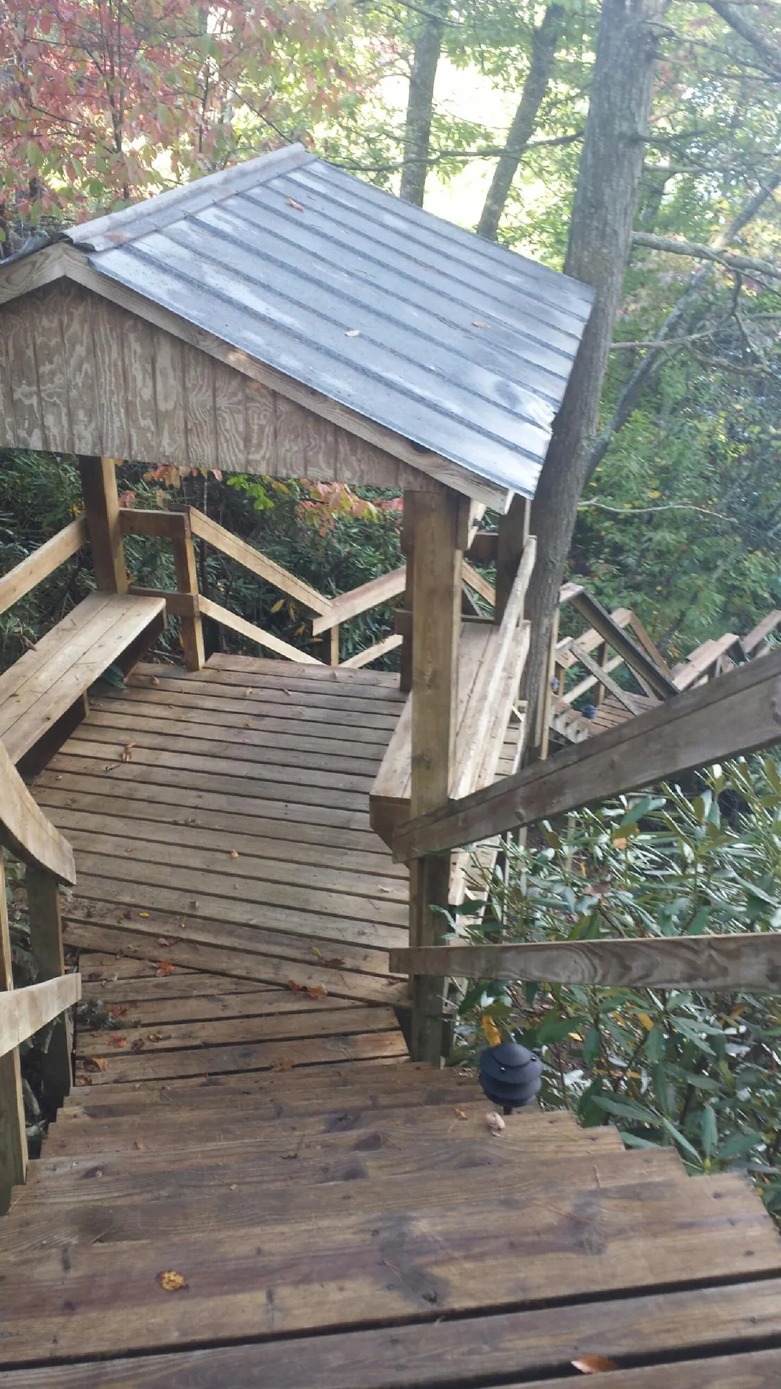 Metal roofed shelter over wooden steps on a wooded walkway — Skylight Repair & Installation work by our crew in Yancey